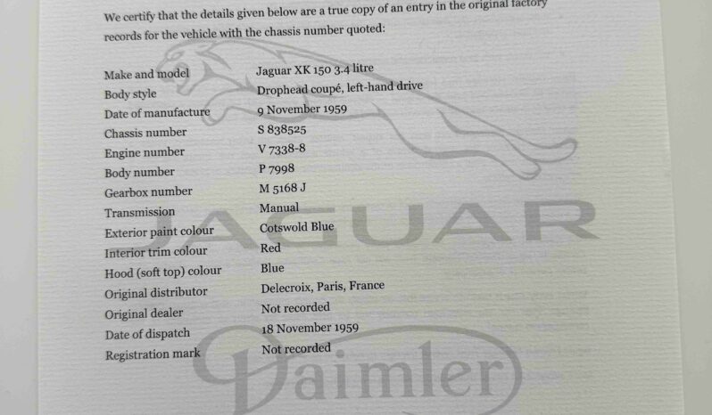 1959 Jaguar XK 150 complet
